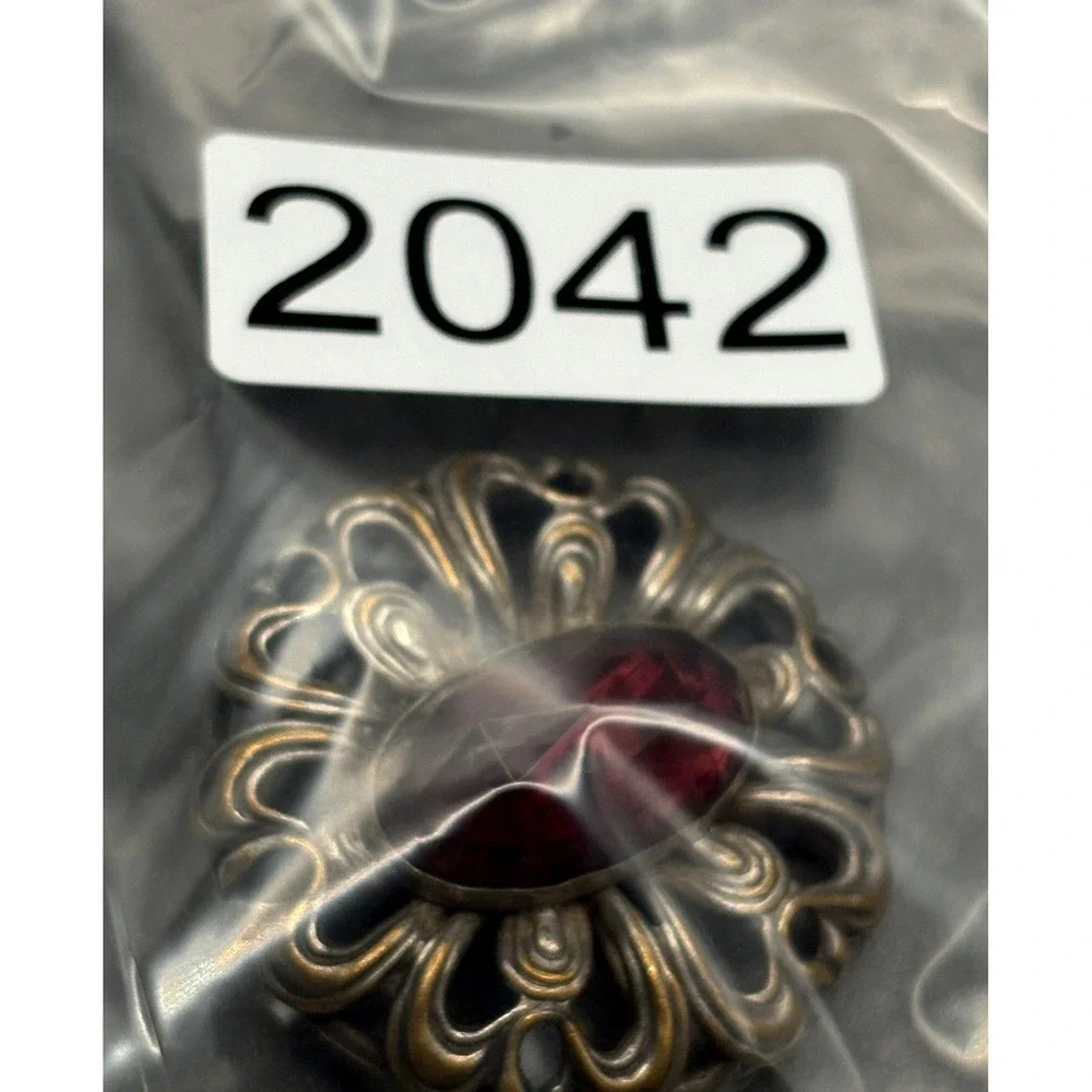 Antique Victorian Era Filigree Brooch Red Faux Garnet Faceted Stone C Clasp